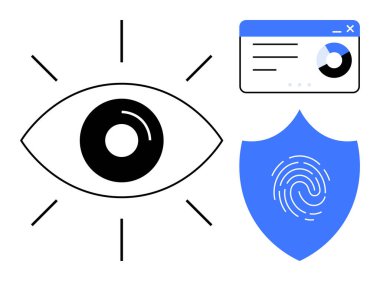 Odaklanmayı vurgulayan göz, parmak izi olan kalkan güvenliği sembolize ediyor ve veri koruması gösteren analitik pencere. Gizlilik, siber güvenlik, izleme, teknoloji, kimlik doğrulama, güvenlik için ideal