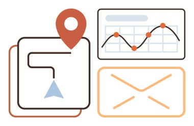 Konum belirleyici pimi, yükselen eğilimli grafik ve e-posta zarfı. Navigasyon, analitik, iletişim, pazarlama, veri görselleştirme trendleri ve dijital çözümler için idealdir. Basit düz metafor