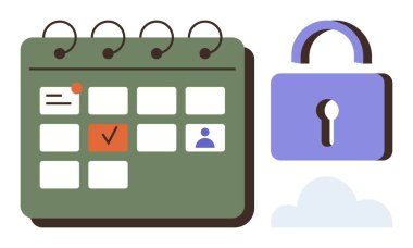 İşaretli olayların olduğu masa takvimi, anahtar delikli mor kilit ve bulut simgesi. Zaman yönetimi, etkinlik planlaması, güvenlik, gizlilik, bulut depolama, mahremiyet ve basit düz metafor için ideal