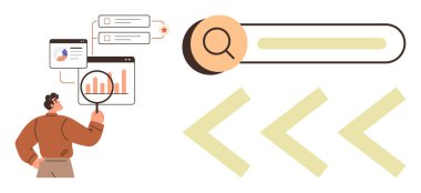 Veri tablolarını inceleyen kişi arama çubuğunun üzerindeki büyüteç, ilerlemeyi temsil eden oklar. Araştırma, analitik, veri eğilimleri, navigasyon, keşif, arama araçları için ideal basit düz