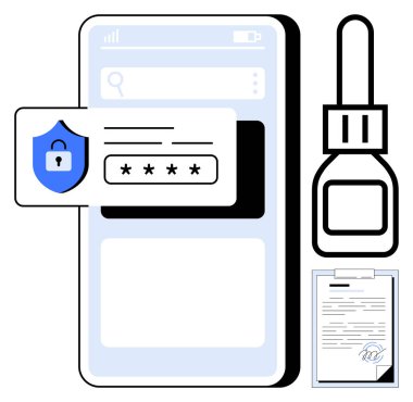 Parola girişi ve kalkanı olan mobil cihaz, imzalı pano belgesi ve şişe. Siber güvenlik, kimlik doğrulama, mahremiyet, dijital imza, veri koruması, çevrimiçi güvenlik güveni için ideal