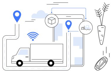GPS ve kablosuz sinyalli kamyon rotası, akıllı telefon arayüzü, teslimat, ödeme ve üretim için ikonlar. Lojistik, e-ticaret, teknoloji, ulaşım tedarik zinciri için ideal