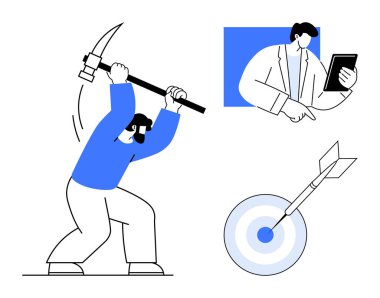 Kazmalı madenci, tablet üzerine profesyonel çalışma ve sıkı çalışmayı, analizi ve başarıyı temsil eden hedef tahtası. İş için ideal, takım çalışması, başarı, strateji odaklanma iş etiği sade düz