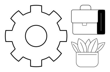 Yeniliği simgeleyen büyük dişliler, iş çantası ve büyüme ve dengeyi temsil eden saksı bitkisi. Üretkenlik, iş dünyası, takım çalışması, kariyer büyümesi, kalkınma, organizasyon için ideal