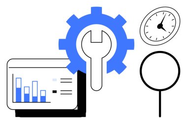 İngiliz anahtarı kaplamalı vites, bar çizelgesi, saat, büyüteç. İş, analitik, verimlilik, planlama stratejisi optimizasyon araçları için idealdir. Temiz, düz metafor