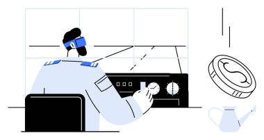 VR kulaklık takan pilot, uçak kokpit kontrollerini fütüristik bir ayarda ayarlar. Yenilik, havacılık, teknoloji, eğitim, simülasyon, rehber, hırs için idealdir. Temiz ve basit bir daire