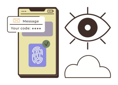 Göz ve bulut simgeleriyle parmak izi doğrulama ve doğrulama kodlarını gösteren akıllı telefon. Siber güvenlik, gizlilik, teknoloji, kimlik doğrulama, biyometrik, çevrimiçi erişim, bulut hesaplama için ideal