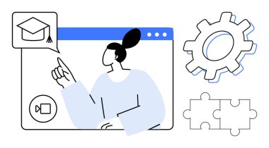 Görüntü sohbet seçeneği olan bir tarayıcı arayüzü penceresindeki mezuniyet başlığı simgesine bakan bir kadın. Vites ve yapboz parçaları tasvir edildi. Eğitim, e-öğrenim, işbirliği, yenilik ve eğitim için ideal