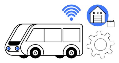 Kablosuz sinyalli otonom otobüs, depo simgesi ve akıllı hareketliliği, bağlantıyı, lojistiği ve kentsel yeniliği simgeleyen teçhizat. Akıllı şehir, teknoloji ve ulaşım ağı için ideal