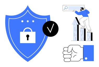 Kilitli mavi kalkan, güvenlik rozeti, el hareketi ve arama yoluyla büyüme grafiğini analiz eden kişi. Siber güvenlik, gizlilik, veri koruması, güven ve büyüme analizleri için ideal
