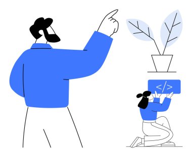 Profesyonel kılavuz geliştirici dizüstü bilgisayar takım çalışması, kodlama, akıl hocalığı, büyüme, liderlik, yaratıcılık, basit iniş sayfası üzerine kod yazıyor. Çizgi benzetmesi. Basit satır simgeleri