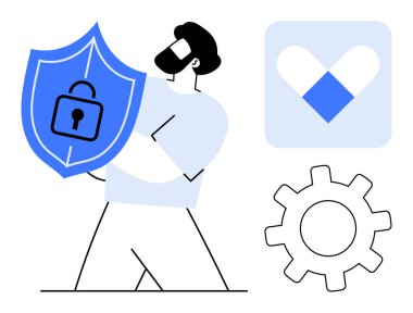 Adam kalkanı asma kilitle tutuyor. Korunmayı simgeliyor. Yakınlarda ayarlar için bir vites simgesi ve kalp şeklinde bir logo var. Güvenlik, mahremiyet, veri koruması, ayarlar, sağlık hizmetleri için ideal