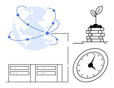 Birbirine bağlı noktaları olan dünya, filizi, saati ve sunucuları olan bozuk paralar. Küresel iş için ideal, sürdürülebilirlik, zaman izleme, teknoloji yatırımı finans yeniliği. Basit.