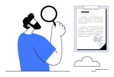 Elinde büyüteç tutan adam imzalı belge inceliyor. Yasal, sözleşme incelemesi, kimlik denetimi, denetim, araştırma, uyum, belge analizi için ideal, basit düz metafor