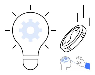 Yenilik için vitesli ampul yatırım için bozuk para ve fikir kıvılcımlı beyin. Kavramların ideali yaratıcılığı, iş büyümesini, sorun çözmeyi, ilerlemeyi, strateji planlamasını destekliyor