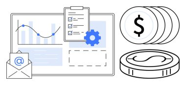 Grafik, kontrol listesi, dişli, bozuk para ve e-posta zarflı veri paneli. Finans, analitik, iletişim üretkenliği organizasyonu dijital strateji yönetimi için idealdir. Basit düz metafor