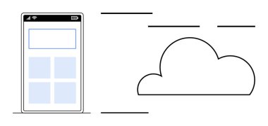 Smartphone arayüzü soyut bulut illüstrasyonuna bağlı, çevrimiçi depolama, dosya paylaşımı, uzaktan çalışma ve dijital senkronizasyonu temsil ediyor. Teknoloji, yenilik, ağ, hareketlilik için ideal