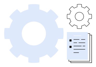 Büyük mavi dişli ve yanında daha küçük taslak teçhizat ve kurşun noktalı belge sayfaları var. Takım çalışması, süreç yönetimi, iş stratejisi, üretkenlik, teknik planlama, iş akışı için ideal
