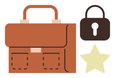 İki cepli kahverengi çanta, altın yıldız ve siyah kilit güvenlik, profesyonellik ve başarıyı simgeliyor. İş, eğitim, başarı, güvenlik örgütü koruması için ideal