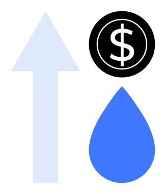 Artan ok, dolar işareti ve su damlası artan su giderlerini vurguluyor. Sürdürülebilirlik, enflasyon, harcamalar, tüketim, su kıtlığı, ekonomi ve kaynak yönetimi temaları için ideal
