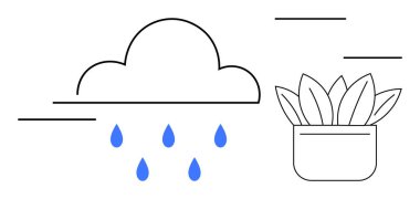 Saksı bitkisinin yakınına mavi su damlacıkları saçan bulut beslenme, büyüme, sürdürülebilirlik, doğa, su koruma, çevre dostu uygulamalar ve bakımı sembolize ediyor. Basit düz metafor için ideal