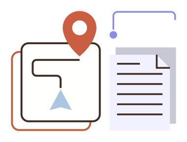 Katmanlı belgeler ve grafik konnektörün yanında ok ve konum pimi olan yol. Navigasyon, planlama, organizasyon, iş akışı, lojistik, veri ve strateji için ideal. Basit düz metafor