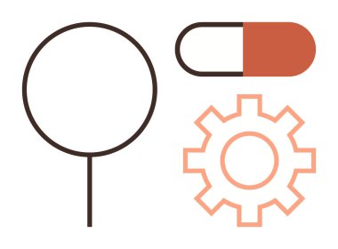 Büyüteç, hap ve vites ana hatları araştırma, sağlık, ilaç geliştirme, yenilik ve işbirliğini simgeleyen birbirine bağlı. Bilim ve eğitim teknolojisi için ideal ilerleme
