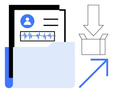 Kişisel kayıtlar ve tıbbi veriler içeren klasör, depoya ihracatı gösteren ok. Organizasyon, dosya paylaşımı, veri yönetimi, sağlık hizmetleri, yönetim, üretkenlik, basit daire