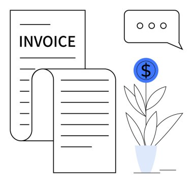 Fatura belgeleri, mali büyümeyi sembolize eden para tesisi ve iletişim balonu. Finans, muhasebe, ödemeler, girişimcilik, iş büyümesi, müşteri ilişkileri için ideal