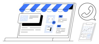 Laptop ekranında ürünler, indirim rozeti, dokümanlar ve arama baloncuğu ile çevrimiçi dükkan düzeni görülüyor. E-ticaret, pazarlama, müşteri desteği, satış, analitik perakende dijital için ideal