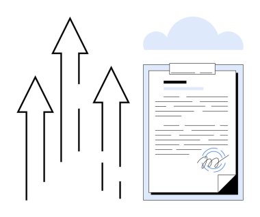 Arkaplanı bulutlu bir panoda imzalı bir belgenin yanında yukarı doğru giden oklar. İş, büyüme, anlaşma, başarı, strateji, organizasyon, kalkınma temaları için ideal. Basit düz metafor