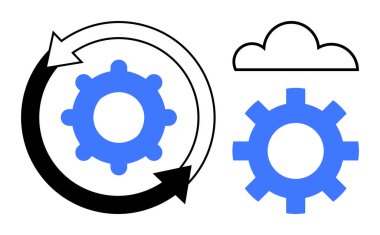 Mavi dişli kavisli oklar bulut bilgisayarı için bulut simgesinin yanında işlem optimizasyonunu sembolize ediyor. İş akışı, teknoloji, otomasyon, bütünleşme, süreç, yenilik için ideal, basit düz