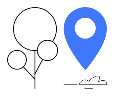 Basit ağaç ve bulut simgelerinin yanında mavi navigasyon iğnesi konumu, doğayı ve seyahati gösteriyor. Navigasyon, harita, ekoloji, turizm, sürdürülebilirlik, açık hava faaliyetleri ve asgari tasarım için ideal