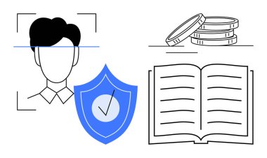 Yüz tanıma sistemi olan minimalist tasarım, güvenlik kalkanı, istiflenmiş paralar ve açık kitap. Gizlilik, kimlik tespiti, teknoloji, finansman öğrenme eğitimi ve güvenlik için idealdir. Basit düz metafor