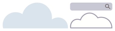 İki bulut ve bir arama çubuğunun minimalist çizimi. Teknoloji, bulut hesaplama, çevrimiçi arama, veri depolama, internet bağlantısı, yenilik ve dijital kavramlar için ideal. Basit bir daire.