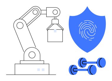 Otomasyonu temsil eden robotik kol, güvenliği simgeleyen parmak izi olan mavi kalkan ve formda olduğunu gösteren dambıllar. Otomasyon, güvenlik, teknoloji, yenilik, koruma ve sağlık için ideal