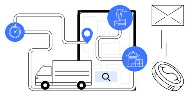 Endüstriyel binalara ve bir ev ikonuna bağlı haritalı bir rota üzerinde hareket eden bir kargo kamyonu. Kronometre, zarf ve bozuk para imgeleri de dahil. Lojistik, dağıtım, tedarik zinciri ve planlama için ideal