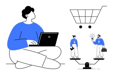 Laptop kullanan biri, alışveriş arabası ikonu, iki kişiyi dengeleyen teraziler, biri ampul tutan biri. Ecommerce, karar verme, yenilik, yaratıcılık, takım çalışması sayısal çözümleri dengelemek için ideal
