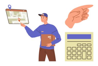 Erkek kurye, hesap makinesi ve el hareketi eşliğinde dijital bir rota planlama haritasına işaret ederken paketi tutuyor. Lojistik, dağıtım, teknoloji, planlama, navigasyon için ideal