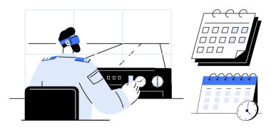 Bir kuledeki hava trafik kontrolörü uçuş saatlerini ayarlıyor ve bir radar ekranını izliyor. Havacılık, lojistik, zaman yönetimi, zamanlama, kontrol sistemleri, ulaşım için ideal