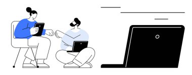 Fikirleri tablet ve dizüstü bilgisayarla tartışan iki kişi, takım çalışması, yaratıcılık ve iletişimi vurguluyor. İşbirliği, teknoloji, yenilik, bilgi paylaşımı ve modern çalışma kültürü için ideal