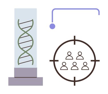 Konteynırdaki DNA ipliği, hedef kitlesinin yanında bağlantı çizimi olan bir ekip üzerinde yoğunlaşıyor. Genetik için ideal, takım stratejisi, biyoloji, hassas tasarım, bilim, araştırma, kavramlar. Basit.