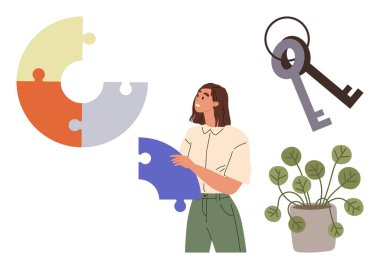 Büyük bir yapboz parçası tutan kadın, dairesel yapboz tasarımı, sallanan antika anahtarlar ve saksı bitkisi. Sorun çözme, organizasyon, takım çalışması, strateji, büyüme yaratıcılığı için ideal