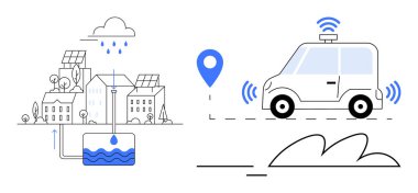 Yenilenebilir enerji binaları, su depolama sistemi, kablosuz sinyalleri ve navigasyonu olan akıllı teknoloji arabası. Sürdürülebilirlik, yenilik, çevre, ulaşım, teknoloji ve şehir için ideal