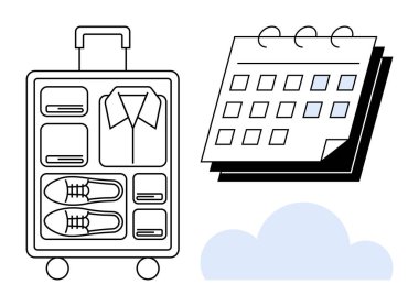 Giysi bölümleriyle dolu bir valiz işaretli tarihli basit bir takvim ve bir bulut simgesi. Seyahat planlama, tatil, organizasyon, hazırlık, programlama, paketleme için ideal