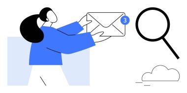 Kadın elinde bir zarf, bir uyarı rozeti, bir büyüteç ve bir bulut tutuyor. İletişim, e-posta pazarlama, üretkenlik, arama, bildirimler, bulut hesaplama dijital etkileşimi için ideal