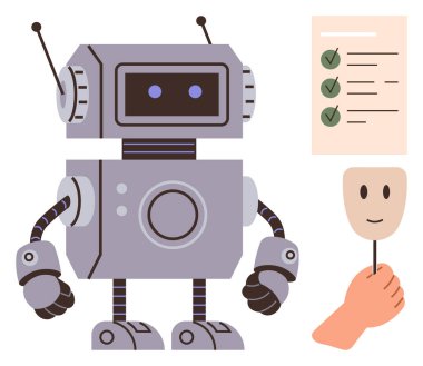 Klasik robot kontrol listesi ve gülümseyen bir maske tutuyor. Yapay zeka, teknoloji, etik, karar verme, insan davranışı, robot bilimi ve eğitim için idealdir. Basit bir düz metafor.