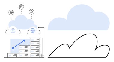 Bulut depolama, ölçeklenebilir sunucular, güvenlik simgeleri, internet bağlantısı, veri depolama sembolleri. Teknoloji, yenilik, veri yönetimi, bulut hesaplama ölçeklendirilebilirlik güvenliği dijital için ideal