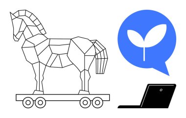 Geometrik Truva atı, siyah dizüstü bilgisayar ve mavi konuşma balonunda yaprak. Siber güvenlik, sürdürülebilirlik, yenilik, eko-teknoloji, dijital tehditler, çevre sade düz metafor için ideal