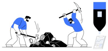 İki işçi kazma ve çekiçle taş kırıyor, mineralleri çıkarıyorlar. Yandaki uzun kalem, aşağıdaki pano. Kaynak madenciliği, iş gücü, endüstri, takım çalışması, verimlilik çabası için idealdir.